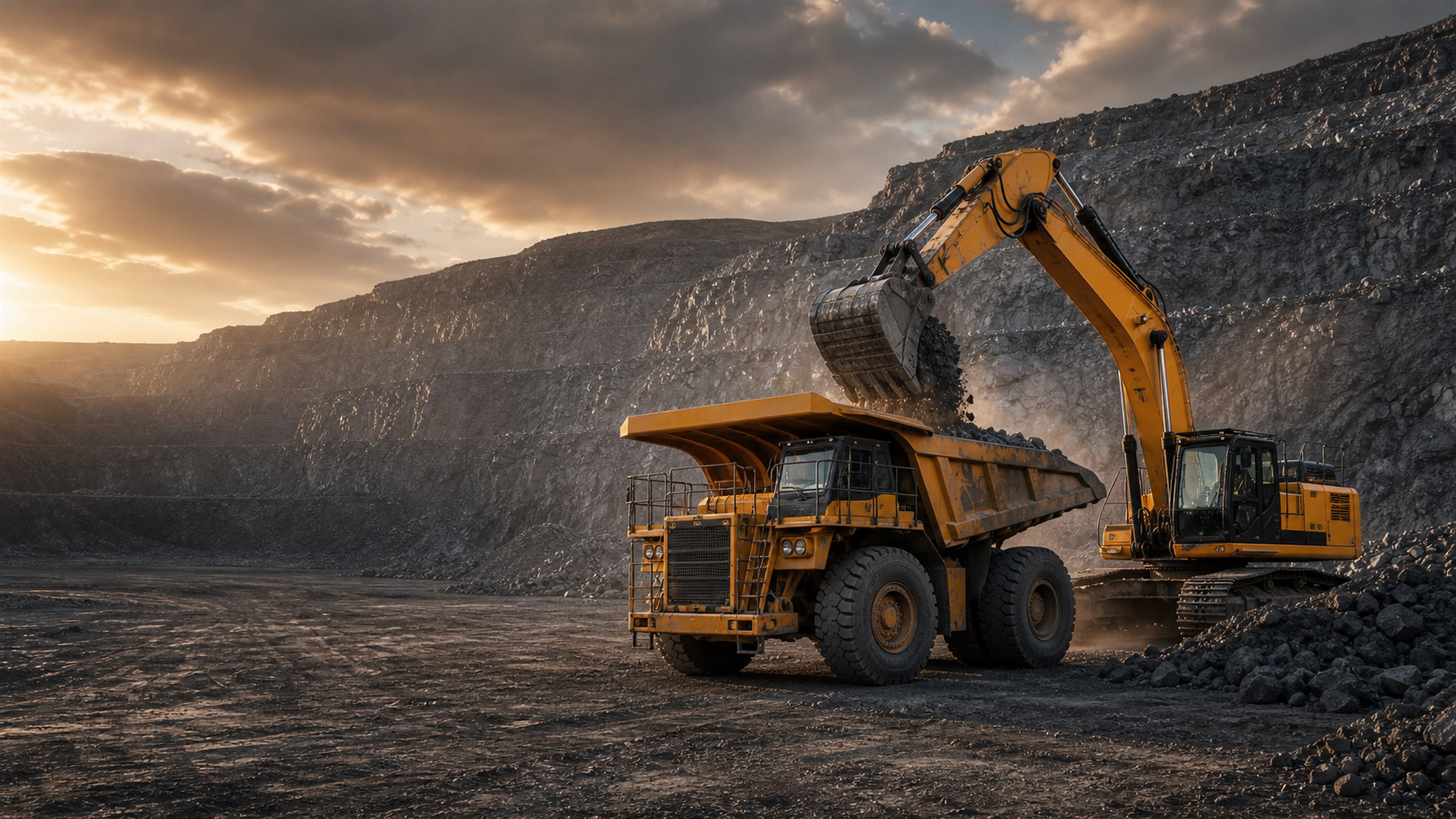 Large excavator loading a mining dump truck in a stone quarry